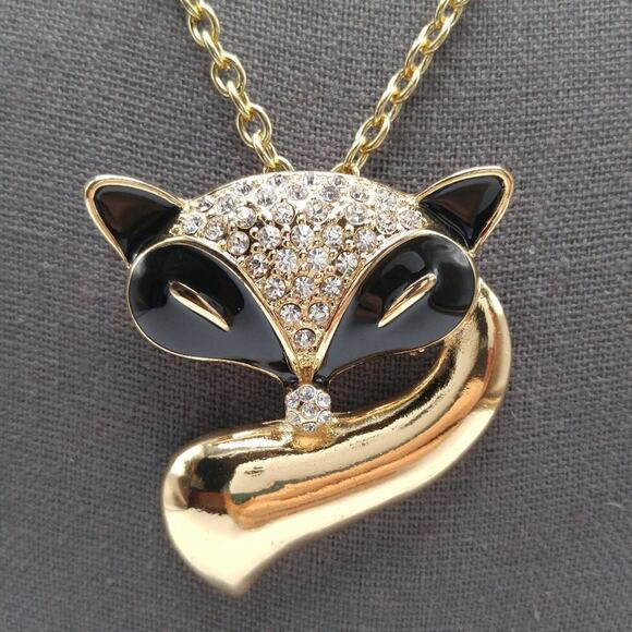 Fox Pendant Brooch Necklace, Black Enamel, Clear Rhinestones, 36" Chain - Picture 1 of 7